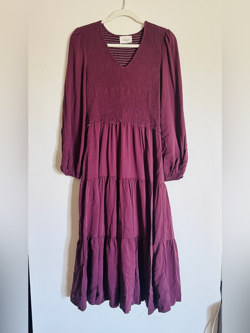Bohme Boho Tiered Long-Sleeve Midi Dress in Plum